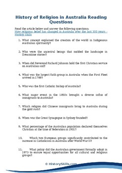 Preview of History of Religion in Australia Reading Questions Worksheet