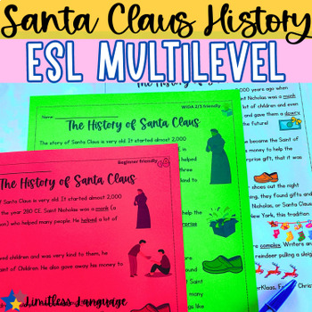 Preview of History of Santa Claus ESL Christmas Reading Comprehension, multilevel
