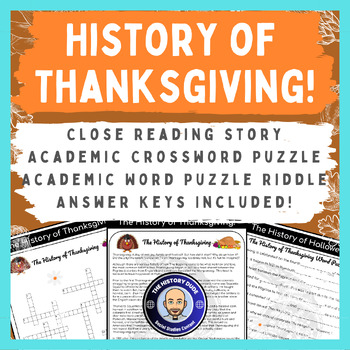 Preview of History of Thanksgiving Crossword, Word Puzzle, and Close Reading Printables!