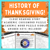 History of Thanksgiving Crossword, Word Puzzle, and Close 