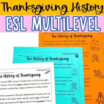 Preview of History of Thanksgiving ESL Reading Comprehension, multilevel beginner-advanced