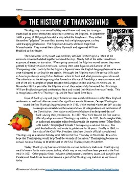 Preview of History of Thanksgiving Reading Comprehension Worksheet - No Prep