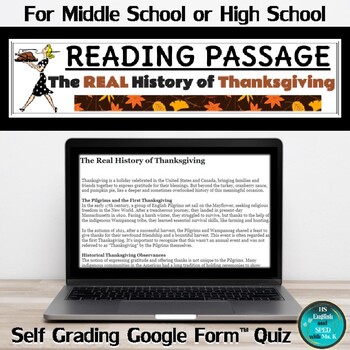 Preview of History of Thanksgiving Reading Comprehension Passage & Quiz | Google Form
