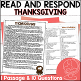 History of Thanksgiving Reading Passage Comprehension Ques
