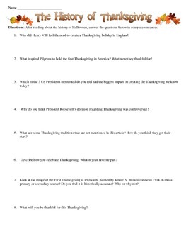 History of Thanksgiving Reading and Worksheet by Students of History