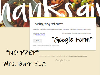 Preview of History of Thanksgiving WebQuest *Google Form* No Prep!*