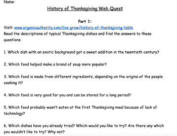 Preview of History of Thanksgiving Webquest