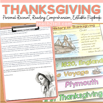 Preview of History of Thanksgiving Writing Activities Reading Comprehension Recount Writing