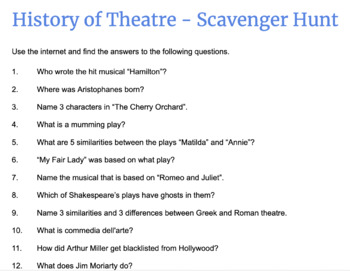Preview of History of Theatre - Scavenger Hunt