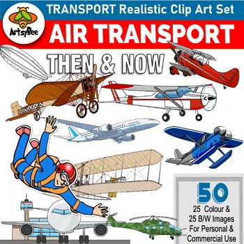 Preview of History of Transport in Air Realistic Clipart Set: Then & Now - 50 images