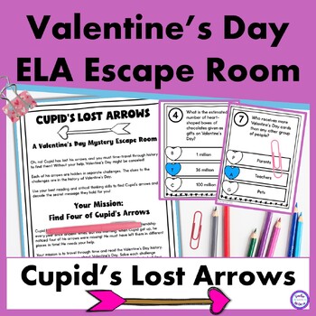 Preview of History of Valentines Day Escape Room ELA Cupids Arrows Close Reading Grades 3-5