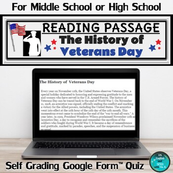 Preview of History of Veterans Day Reading Comprehension Passage & Quiz | Google Form