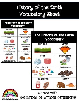 Preview of History of the Earth Vocabulary Sheet - First Grade