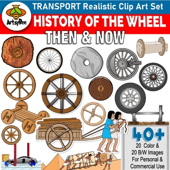 Preview of History of the Wheel in Transportation: Then and Now – 40 Realistic Clip art set