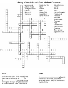 History of the violin and Great Violinist Crossword by Northeast Education