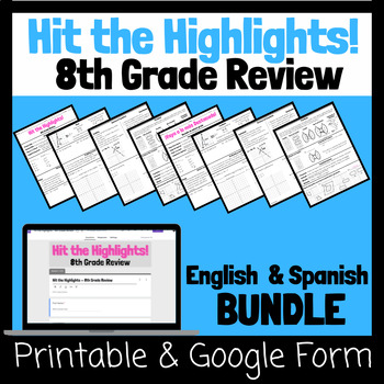 Preview of Hit the Highlights! ~ 8th Grade Review (English and Spanish BUNDLE)