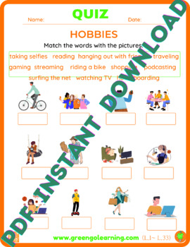 Preview of Hobbies /ESL PDF QUIZ / (easy assessment) LGBT 2023 Version