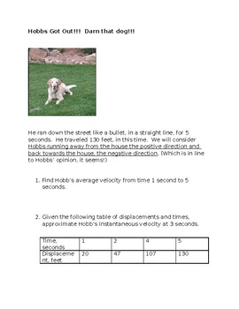Preview of Hobbs Got Out!!  Darn That Dog!! - Calculus Postion/Velocity/Acceleration