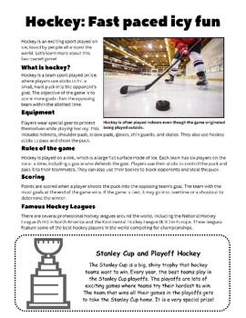 Preview of Hockey - 2nd grade Informational Reading Passage