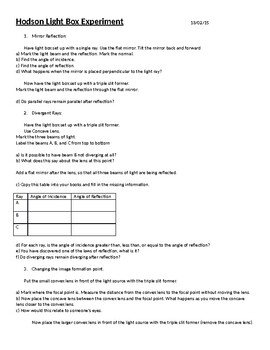 Preview of Hodson Light Box Experiment Instructions and Questions