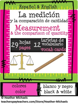 Preview of Hojas de la Medición/Measurement worksheets in English & Spanish - Kinder