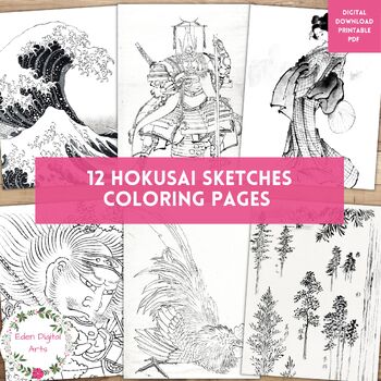 Preview of Hokusai Sketches 12 Coloring Pages, Japanese Artist Art History, AAPI Heritage