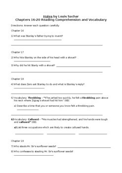 Holes Chapter 1-10 Study Guide Questions - ESL worksheet by joy