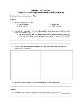 Preview of Holes Chapter-by-Chapter Reading Comprehension and Vocabulary - chapters 1-5