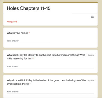 Preview of Holes Comprehension Google Form Quiz Chapters 11-15 FREE