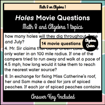 Preview of Holes Movie Questions - Math 8 and Algebra 1 Topics