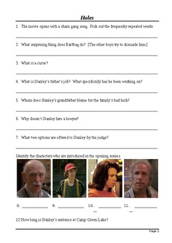 Preview of Holes Movie Viewing Questions