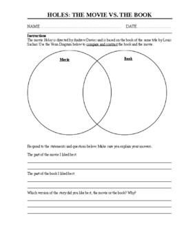 holes movie vs book worksheet by ontario teacher tpt