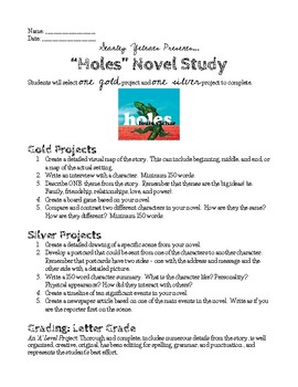 Holes Novel Study Project Ideas by Princess Emma Pie | TPT