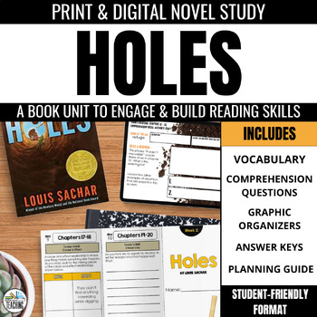 Preview of Holes by Louis Sachar Novel Study: Chapter Questions, Activities, Vocabulary