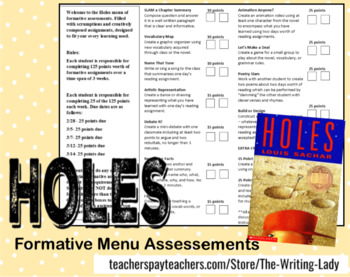 Preview of Holes by Louis Sachar Formative Assessment Menu