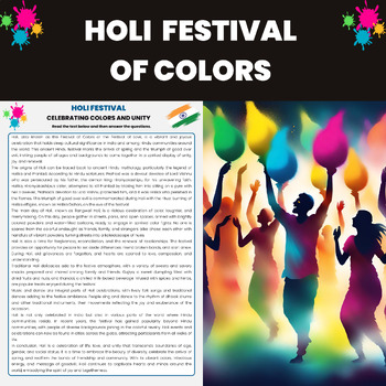 Preview of Holi Festival of Color Reading Comprehension Passage for Spring Festivals