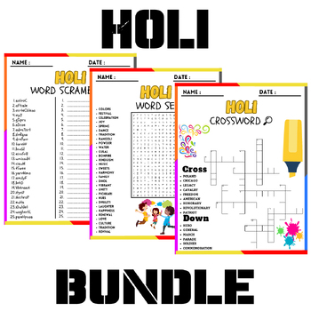 Holi WORD SEARCH/SCRAMBLE/CROSSWORD BUNDLE WORKSHEETS by Kids shelves
