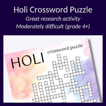 Preview of Holi crossword puzzle for learning, parties or to build vocabulary. Grade 4+