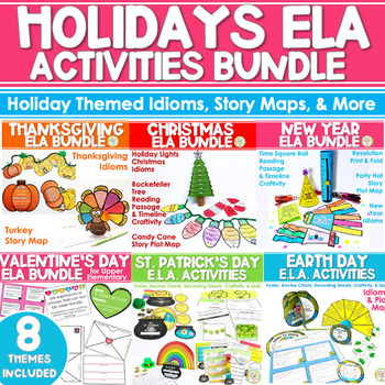 Preview of Holiday Activities ELA Bundle | Story Map | Spring Idioms Activity Earth Day