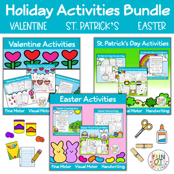 Preview of Holiday Activities Bundle - Valentine St Patrick's Day Easter Fine Motor NO PREP