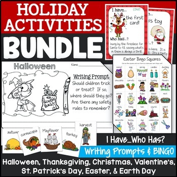 Preview of Holiday Activities & Game Bundle (I Have, Who Has, Writing Prompts, Bingo)