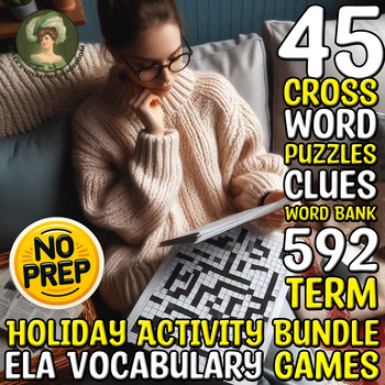 Preview of Holiday Activity Bundle ELA Vocabulary Crossword Puzzles Sub Plan CCSS for HS