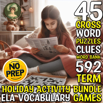 Preview of Holiday Activity Bundle ELA Vocabulary Crossword Puzzles Sub Plan CCSS for MS