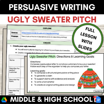 Preview of Holiday Activity Middle High School English Persuasive Writing Ugly Sweater