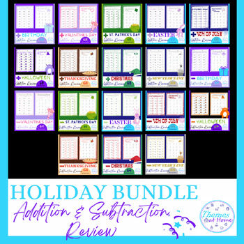 Preview of Holiday Addition & Subtraction Review Worksheets Bundle
