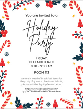 Holiday Class Christmas Party Invitation Editable Template | TPT