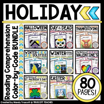 Preview of Holiday Reading Comprehension, Questions, and Color-By-Code BUNDLE