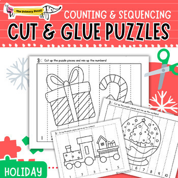 Preview of Holiday Cut & Glue Number Puzzle Math Center | Counting & Cardinality 5-10