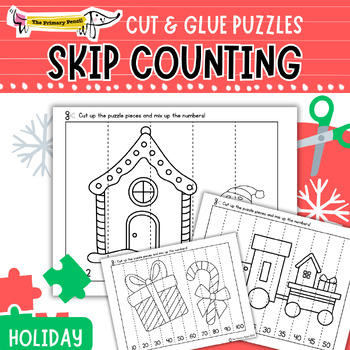 Preview of Holiday Cut & Glue Number Puzzle Math Center | Skip Counting 2's, 5's, & 10's