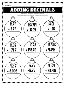 Christmas Decimal Review - Round Decimals, Add Decimals, Multiply Decimals
